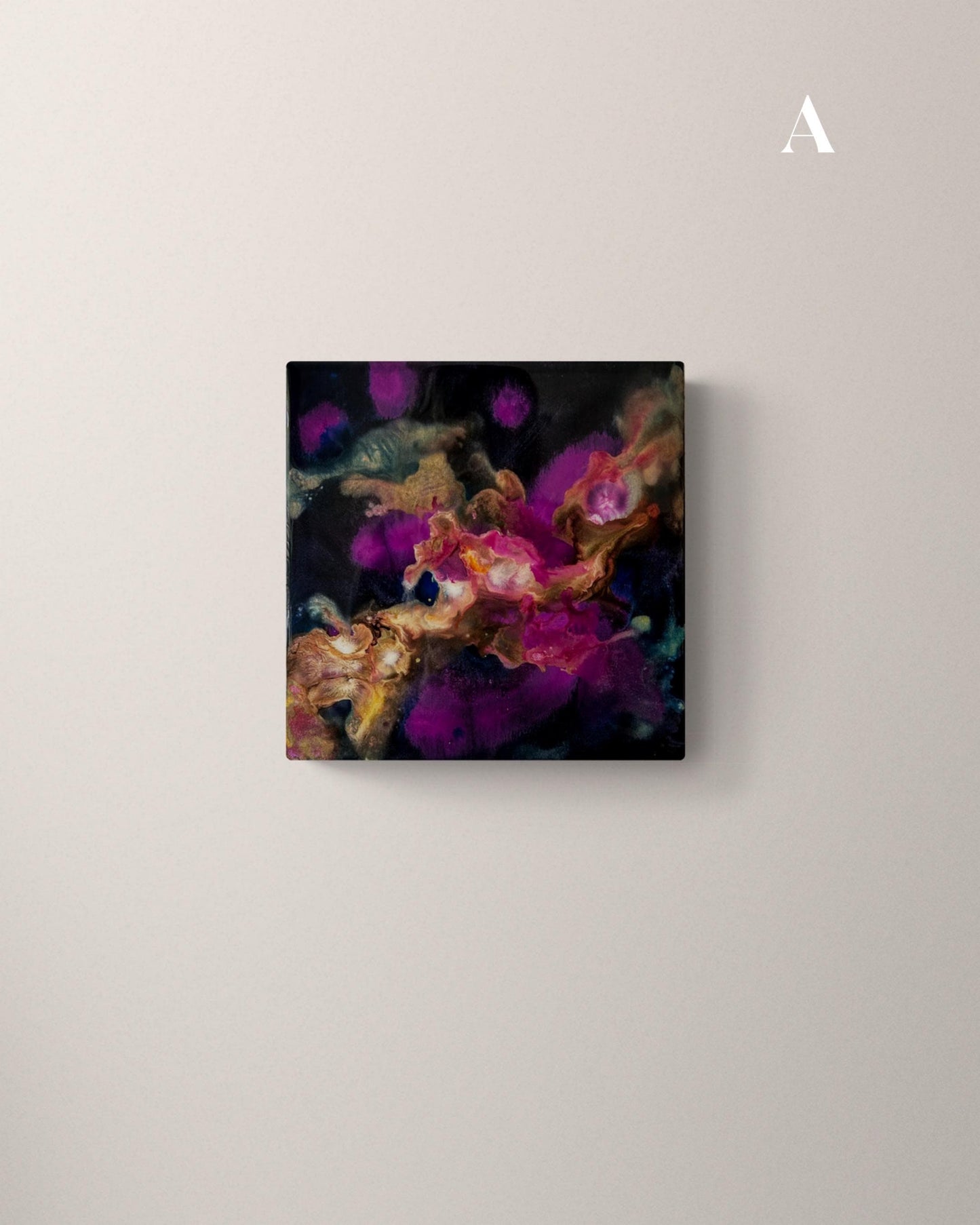 Galaxy Art Set of 6 – Small Abstract Space Paintings on Wood Panel with Resin Finish – Cosmic Ink Wall Art for Modern Home or Office