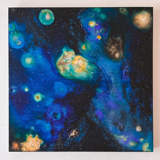 Galaxy Modern Art – Astrid Noelle – 20x20 Abstract Ink Painting on Wood Panel – Celestial Resin Art – Blue Cosmic Artwork – Space-Inspired