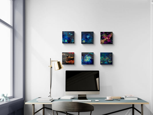 Galaxy Art Set of 6 – Small Abstract Space Paintings on Wood Panel with Resin Finish – Cosmic Ink Wall Art for Modern Home or Office