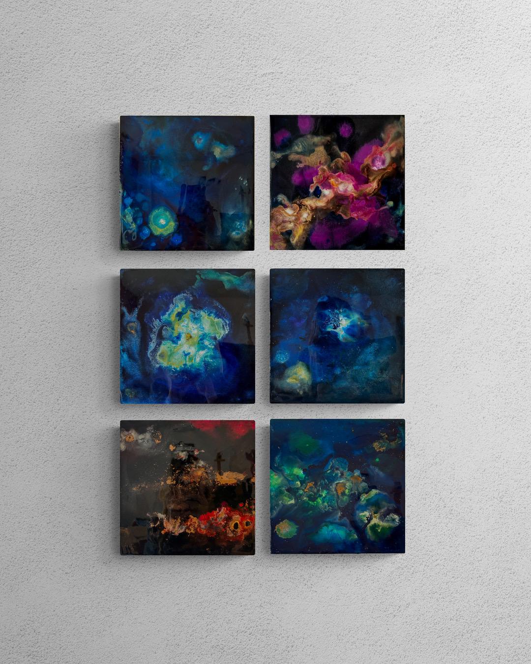 Galaxy Art Set of 6 – Small Abstract Space Paintings on Wood Panel with Resin Finish – Cosmic Ink Wall Art for Modern Home or Office