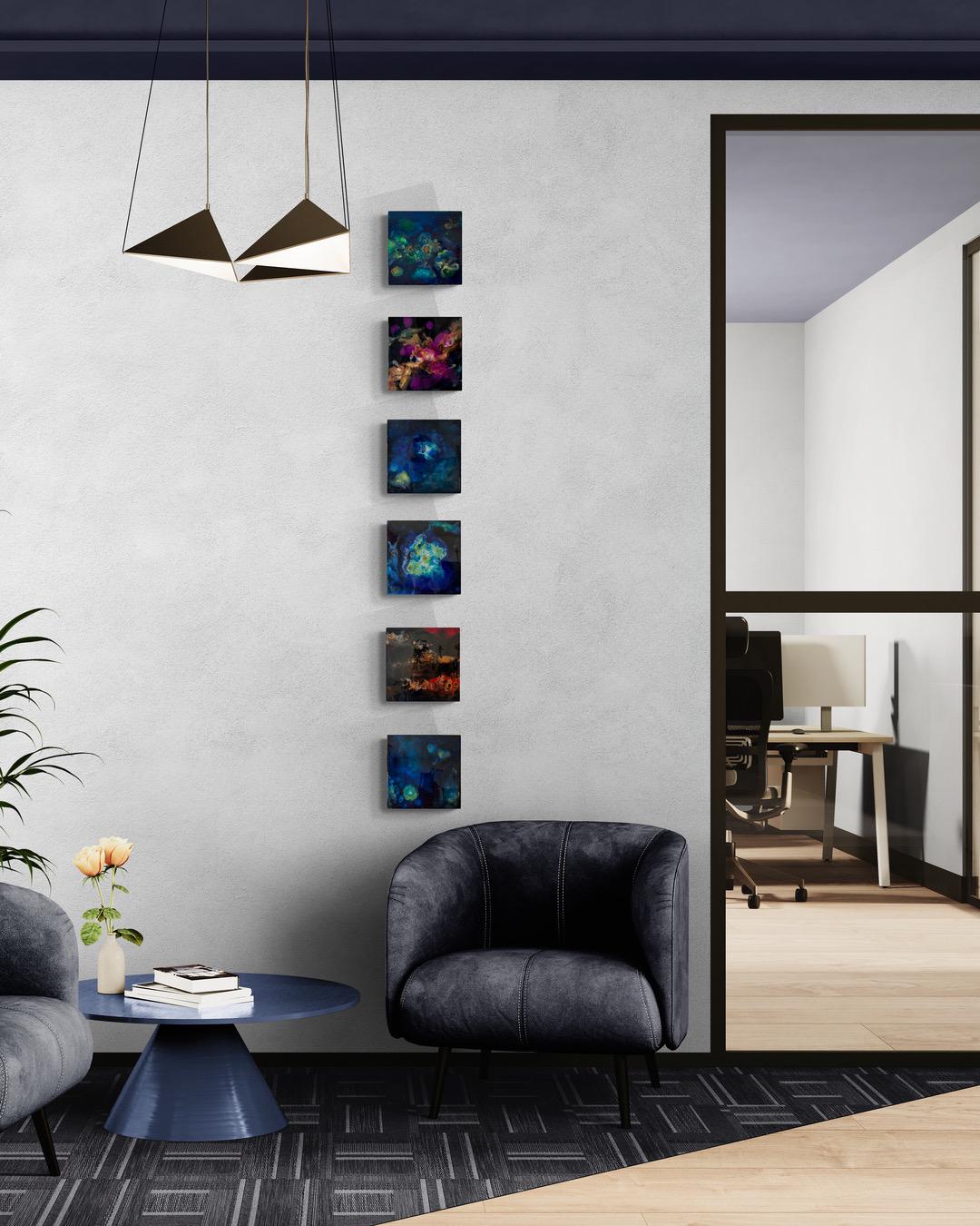 Galaxy Art Set of 6 – Small Abstract Space Paintings on Wood Panel with Resin Finish – Cosmic Ink Wall Art for Modern Home or Office