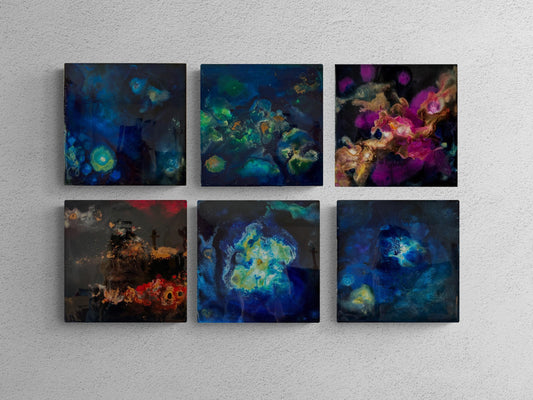 Galaxy Art Set of 6 – Small Abstract Space Paintings on Wood Panel with Resin Finish – Cosmic Ink Wall Art for Modern Home or Office