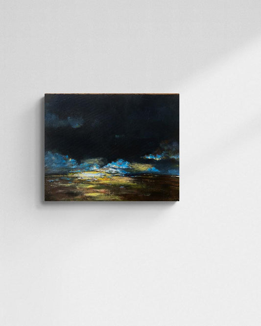 Stormy Horizon: Original Abstract Landscape Painting - Moody Sky and Golden Plains Wall Art
