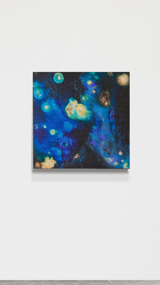 Galaxy Modern Art – Astrid Noelle – 20x20 Abstract Ink Painting on Wood Panel – Celestial Resin Art – Blue Cosmic Artwork – Space-Inspired